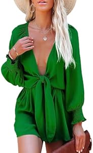 G&Y Long Sleeve Rompers for Women Dressy - Tie Knot Front Sexy V Neck Beach Short Jumpsuits G&Y