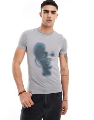 ASOS DESIGN muscle fit T-shirt in washed gray with grunge front print ASOS DESIGN
