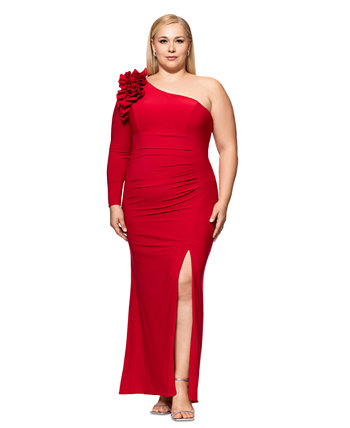 Plus Size Ruffled One-Shoulder Jersey Gown Xscape