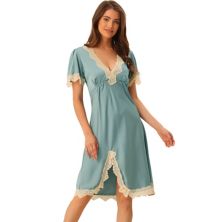 Womens Satin Pajama Dress Sleepwear Lace Trim V-neck Lingerie Short Sleeves Silky Nightgowns Cheibear