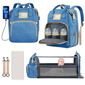 GPED Diaper Bag Backpack, Multifunctional Baby Changing Bag with Foldable Crib & Insulated Milk Bottle Pocket, Large Capacity Travel Backpack with USB Charging Port & Stroller Strap for Mom Dad(Blue) GPED