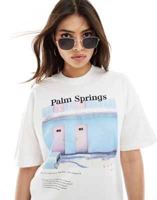 ONLY oversized t-shirt with palm spring print in white  ONLY