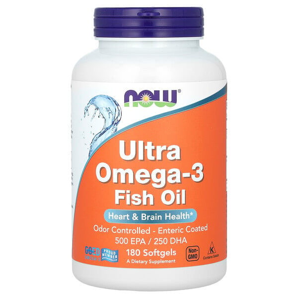Ultra Omega-3, 500 EPA / 250 DHA, 180 мягких капсул с кишечнорастворимой оболочкой NOW Foods