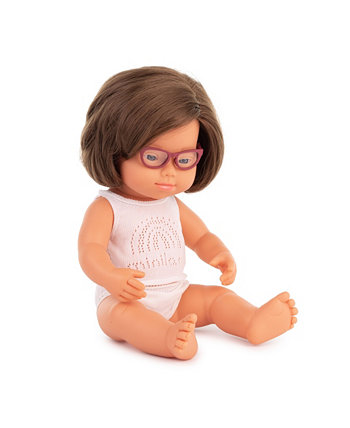 Девочка европеоидной расы ростом 15 дюймов с синдромом Дауна в очках Miniland
