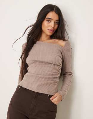 ASOS DESIGN asymmetric ruched heather rib top in mink ASOS DESIGN