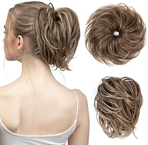 SARLA 2PCS Messy Hair Bun Hair Pieces Wavy Curly Synthetic Updo Fake Scrunchies Ponytail Extension for Women Dirty Blonde SARLA