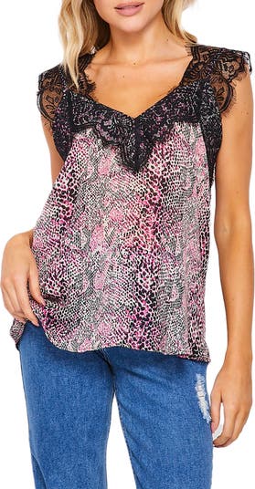 Scalloped Lace Trim Snake Print Camisole Tank Top BLUEGREY