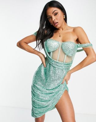 Band Of Stars premium corset off the shoulder mini dress in summer sequin sage  Band of Stars