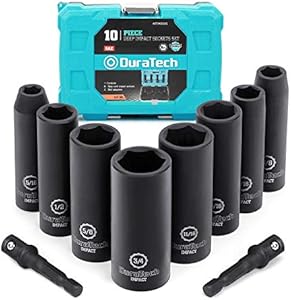 DURATECH 10-Piece 3/8" Drive 6 Point Deep Impact Socket Set, Including 8PCS Deep Impact Sockets in SAE Sizes (5/16", 3/8", 7/16", 1/2", 9/16", 5/8", 11/16", 3/4") & 2PCS 1/4" Hexagon Extension Bars Duratech