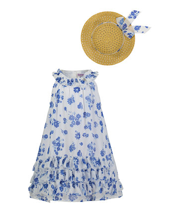 Baby Girls Ruffle-Trim White Blue Swing Dress Sun Hat Blueberi Boulevard