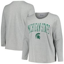 Women's Profile Heather Gray Michigan State Spartans Plus Size Arch Over Logo Scoop Neck Long Sleeve T-Shirt Profile