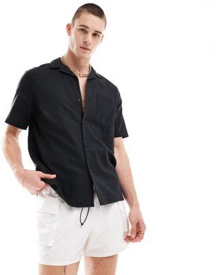 ASOS DESIGN relaxed linen blend shirt with revere collar in black ASOS DESIGN