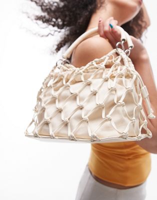Topshop Griffin faux leather macrame grab bag in off white TOPSHOP