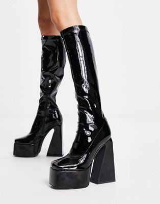 Simmi London Amani platform flare heel knee boots in black patent  SIMMI Shoes