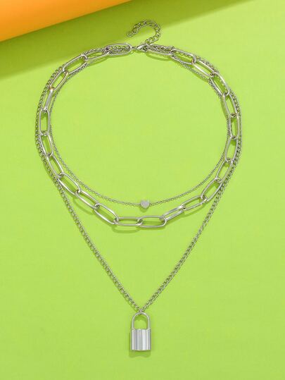 Многослойное ожерелье с замком для девочек SHEIN