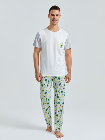 для мужчины Пижама с штанами и футболкой с принтом фруктов с карманом SHEIN