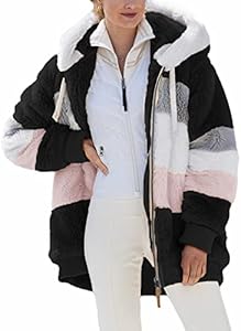 Micoson Women Fashion Color Block Faux Shearling Coat Warm Hooded Zip Up Fuzzy Winter Jacket with Pockets Micoson