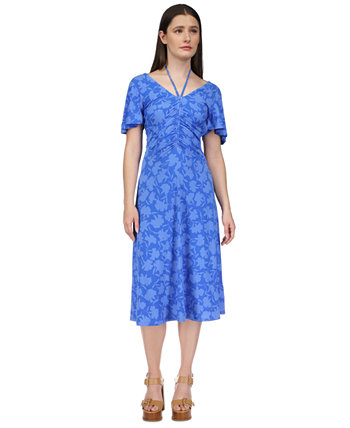 Женское платье миди с v-образным вырезом и рюшами с цветочным принтом, стандартные и миниатюрные Michael Kors
