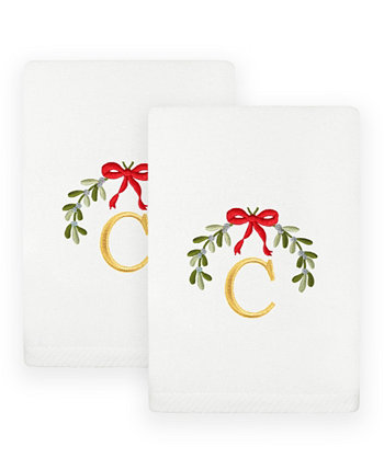 Christmas Mistletoe Monogram White Embroidered Luxury Turkish Cotton Hand Towels, 2 Piece Set Linum Home