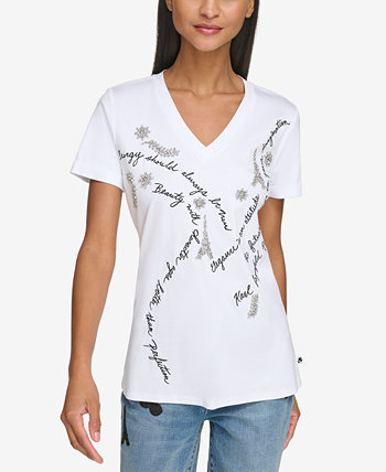 Женская футболка с V-образным вырезом и декором Karl Lagerfeld Paris