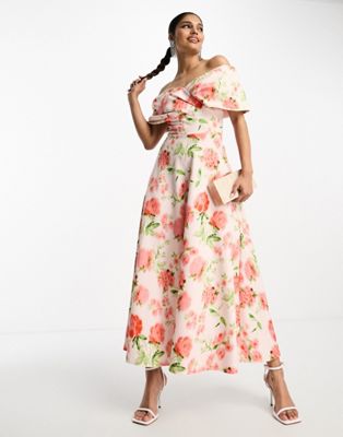 Выпускное платье миди со складками True Violet с персиковым цветочным принтом True Violet