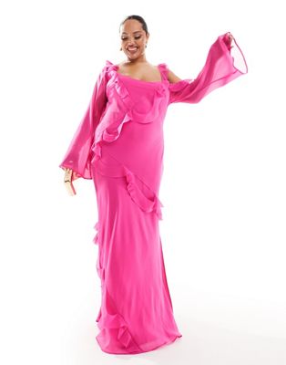 Женское платье ASOS Curve эксклюзивное макси с асимметричным рукавом и рюшами в розовом цвете ASOS Curve