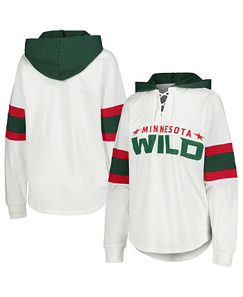 Женская бело-зеленая футболка с капюшоном на шнуровке и длинными рукавами Minnesota Wild Goal Zone G-III