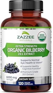 Zazzee USDA Organic Bilberry 20:1 Extract, 6000 mg Strength, 120 Vegan Capsules, 4 Month Supply, Standardized and Concentrated 20X Extract, 100% Vegetarian, All-Natural, Non-GMO, Made in The USA Zazzee