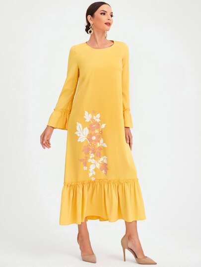 SHEIN Платье с цветочным принтом с рукавами-воланами с оборками SHEIN