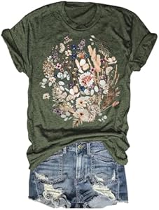 Women's Vintage Flowers Shirt Casual Boho Floral Printed T-Shirt Sunflower Wildflowers Graphic Tees Tops for Girl Qbily