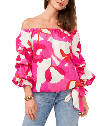 Women's Printed Off The Shoulder Bubble Sleeve Tie Front Blouse Vince Camuto