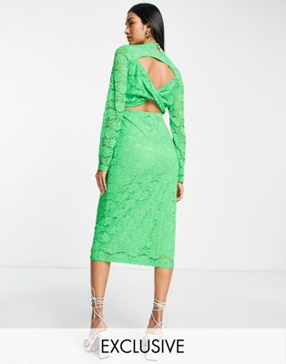 Эксклюзивное ярко-зеленое кружевное платье миди Vila с вырезом на спине Vila