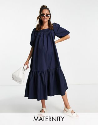 Glamorous Bloom oversized square neck midi dress with tiered hem in navy Glamorous Bloom