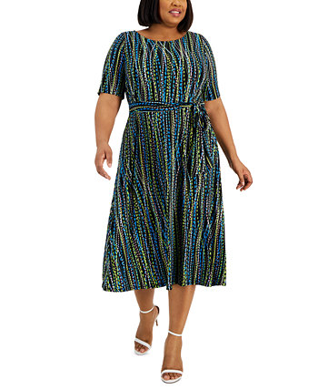 Plus Size Abstract-Print Belted Elbow-Sleeve Dress Kasper