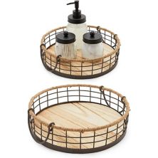 Round Wooden Wire Basket Trays with Handles, Farmhouse Decor (2 Sizes, 2 Pack) Farmlyn Creek
