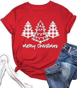 Christmas Tree Shirt for Women Merry Christmas Printed T-Shirts Short Sleeve Holiday Tee Xmas Gift Tops PECHAR