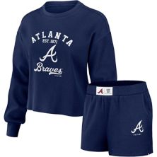 Women's WEAR by Erin Andrews Navy Atlanta Braves Waffle Knit Long Sleeve T-Shirt & Shorts Lounge Set WEAR by Erin Andrews