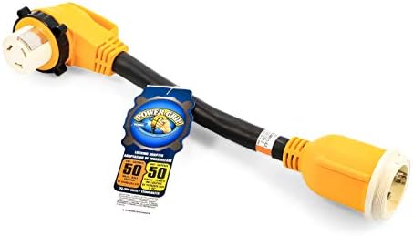 Camco Power Grip 18" Dogbone Extension Cord Adapter with 50-Amp Power Locking Male and 50-Amp 90-Degree Locking Female Ends for Electrical Connection Camco