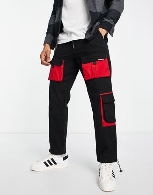 Liquor N Poker cargo pants in black and red with utility pockets Liquor N Poker