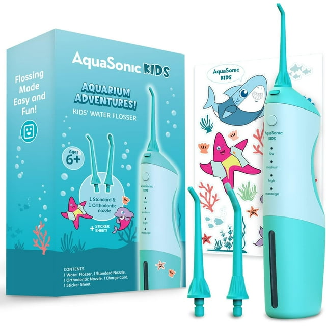 AquaSonic Kids' Water Flosser for Ages 6+ | Standard Nozzle, Orthodontic Nozzle & Waterproof Stickers - Advanced Dental Care with 4 Flossing Modes – Compact Portable & Aquarium Adventures Theme | Pink AQUASONIC