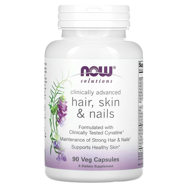Solutions, Клинически улучшенные волосы, кожа и ногти, 90 растительных капсул NOW Foods