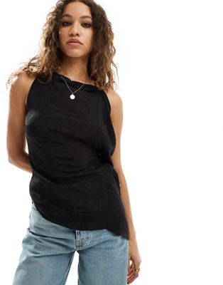 COLLUSION sheer asymmetric longline top with lace up back in black Collusion