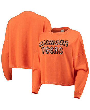 Women's Orange Distressed Clemson Tigers Vintage-Like Jersey Boxy Big Long Sleeve T-shirt Chicka-d