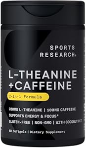 Sports Research L-Theanine Supplement with Caffeine & Coconut MCT Oil - Focused Energy, Alertness & Relaxation Without Drowsiness - 200mg L Theanine, 100mg Organic Caffeine - 60 Liquid Softgels Sports Research