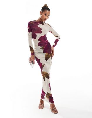 Murci Exclusive mesh maxi dress in cream and purple peony print Murci