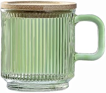 Lysenn Amber Glass Coffee Mug with Lid - Premium Classical Vertical Stripes Glass Tea Cup - for |Latte|Tea|Chocolate|Juice|Water| - Unleaded - Bamboo Lid - 12.5 Ounces Lysenn