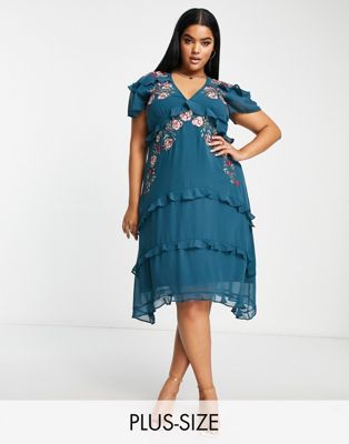 Hope & Ivy Plus embroidered ruffle midi dress in emerald Hope & Ivy Plus
