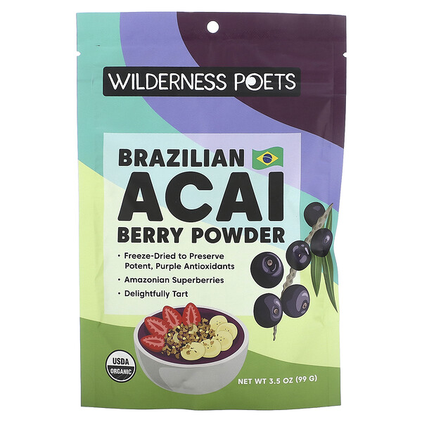 Органический порошок бразильских ягод асаи, 3,5 унции (99 г) Wilderness Poets