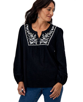 Petite Embroidered Shimmer-Knit Cotton Top, Created for Macy's Style & Co