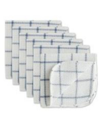 Scrubber Dishcloths Collection Windowpane Dishrag Set, 12x12", White/Stonewash Blue Stripe, 6 Piece Design Imports